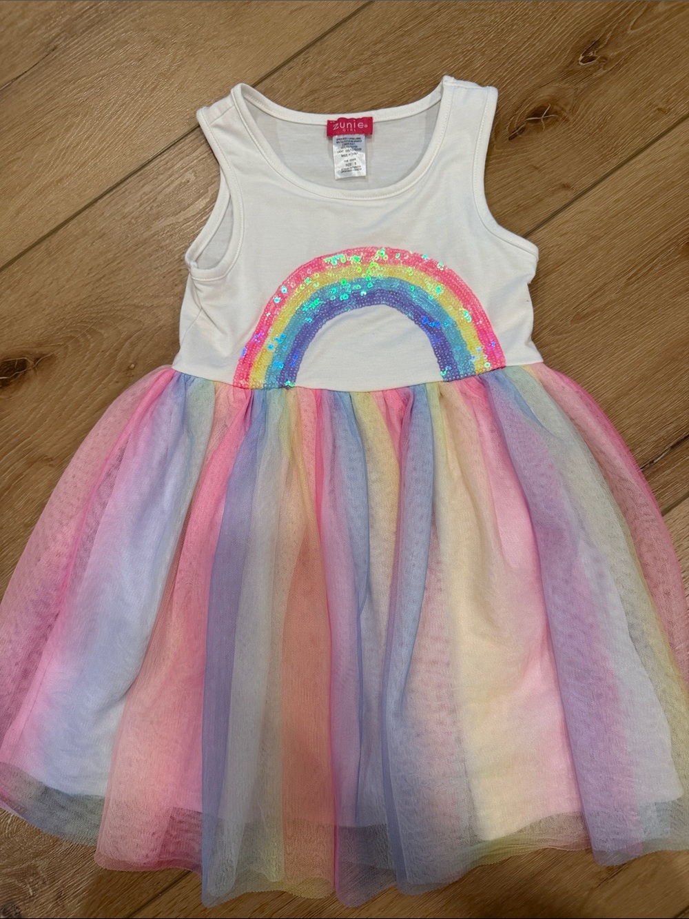 Zunie White Tank Dress with Pastel Rainbow Sequin Arc